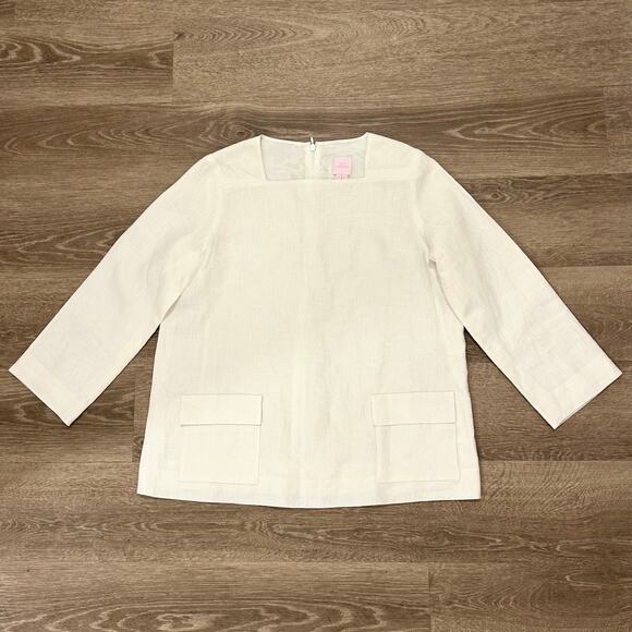 Ann Mashburn Linen Top XS Ivory Square Neck Pocket Blouse